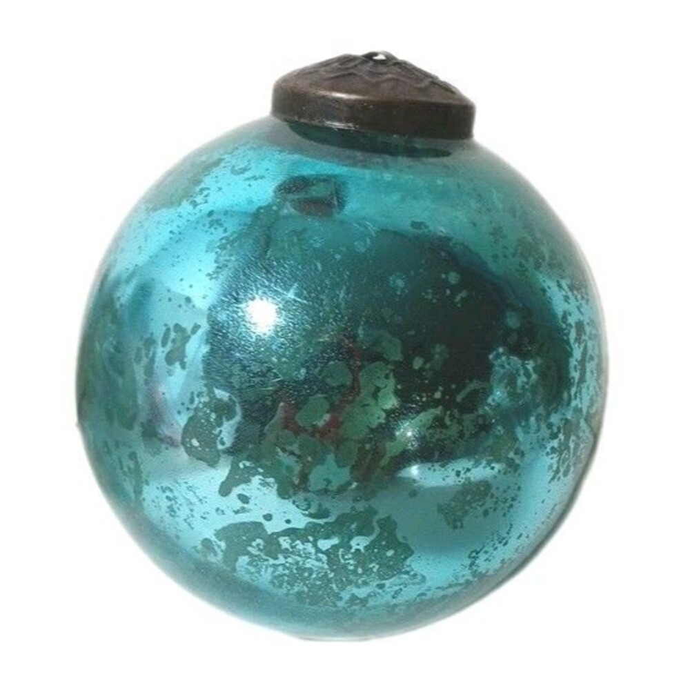 Vintage Teal Crackle Glass Kugel-Style Christmas Ornament –Brown topper
